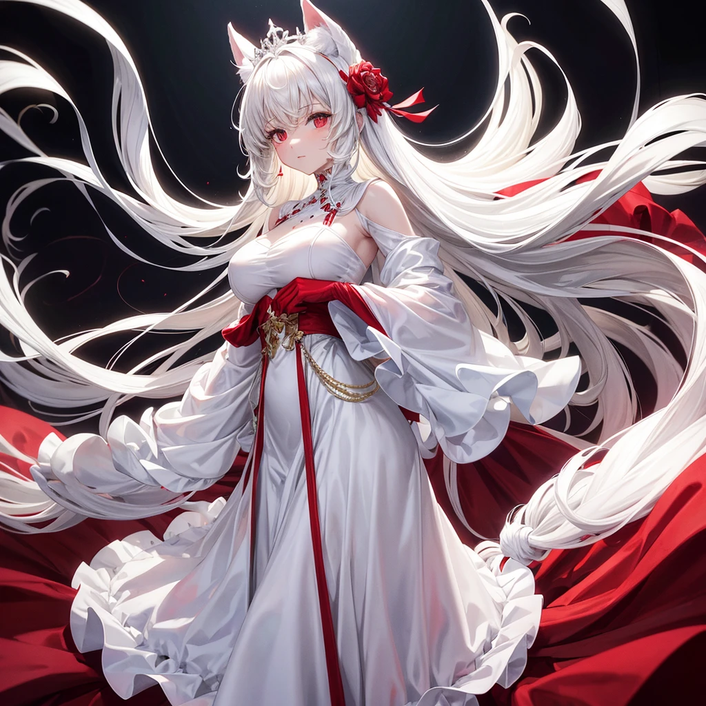 White and red medieval dress, Super voluminous skirt, Round Princess Skirt, High throat, Cover the body from neck to toe, Covered neck, Wearing a long black fur jacket, white, translucent, A soft dress,