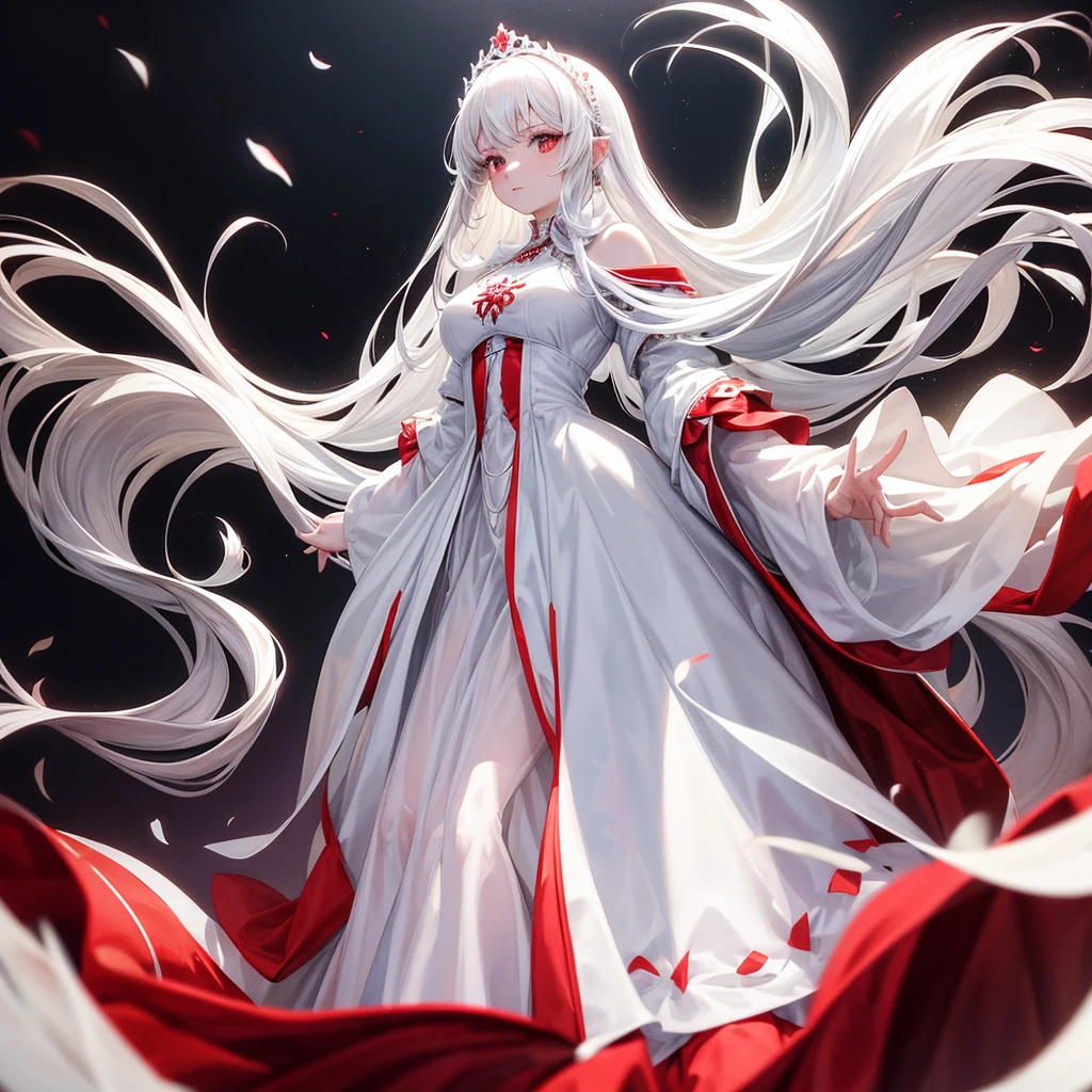 White and red medieval dress, Super voluminous skirt, Round Princess Skirt, High throat, Cover the body from neck to toe, Covered neck, Wearing a long black fur jacket, white, translucent, A soft dress,