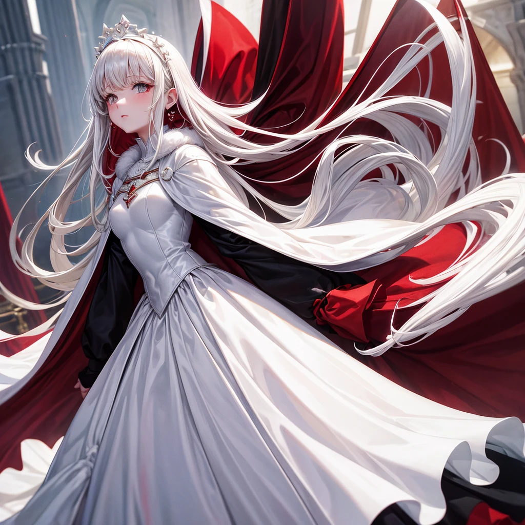 White and red medieval dress, Super voluminous skirt, Round Princess Skirt, High throat, Cover the body from neck to toe, Covered neck, Wearing a long black fur jacket, white, translucent, A soft dress,
