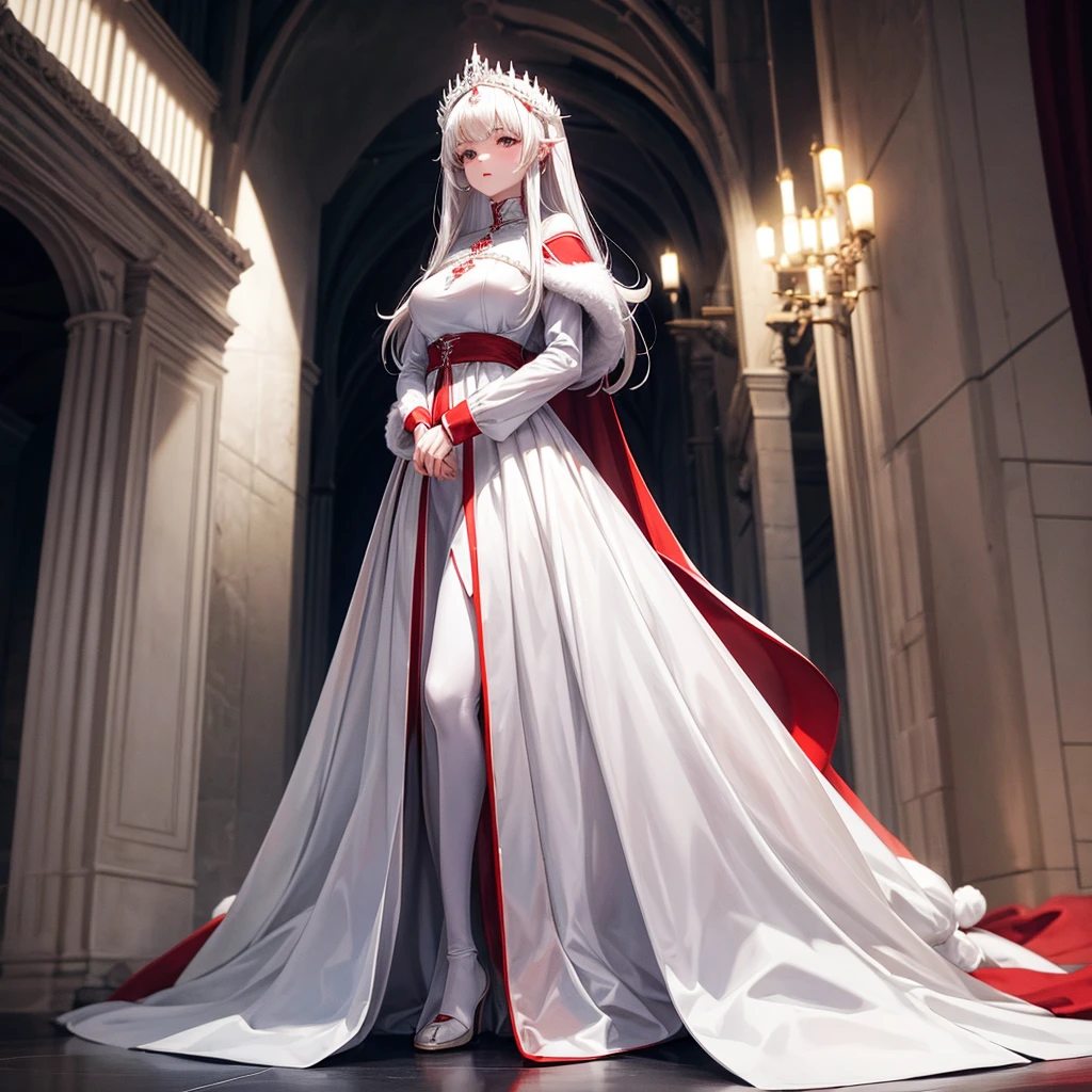 White and red medieval dress, Super voluminous skirt, Round Princess Skirt, High throat, Cover the body from neck to toe, Covered neck, Wearing a long black fur jacket, white, translucent, A soft dress,