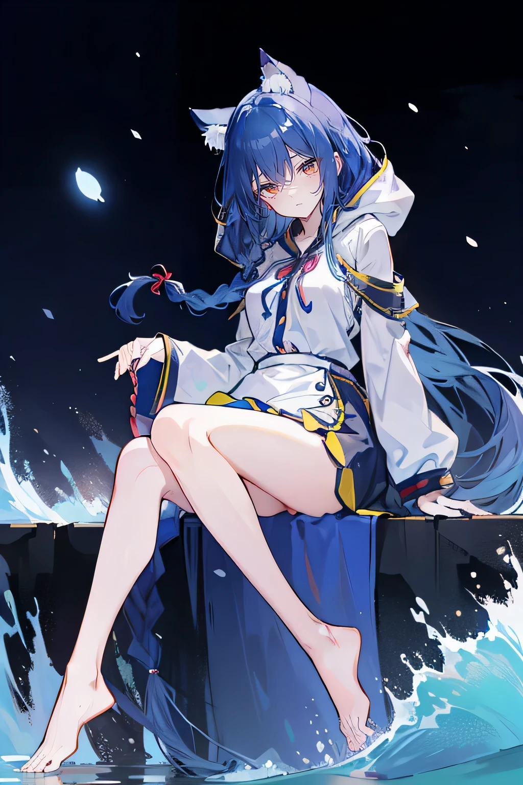 （masterpiece：1.2），Super detailed，lifelike，Expressive eyes，fair skin，perfect face shape，1 girl，
Japanese comics,Gorgeous blue hair,flowing blue hair,flowing clothes,Cat ears,Petals fall,beautiful lola,Baby Angel,sunrise,
Shaking head with one hand，Cross your legs，Gentle and peaceful background，The pavilion is cool and comfortable,smile, wearing hoodie, background of tokyo,back views,snowing, winter，seaside，wet clothes，A smile，A faint smile，。dark blue gradient hair,asymmetrical hair,（（Hair is very thick 1.8，Chiseled hair 1.6））， Hair over the shoulders, Messy hair, Very long hair, shiny hair，(long dark blue hair:1.2),A beautiful girl，（Transparent clothes transparent 1.8），Perfect body，Big thin legs，slender，(Looks very sad，Looks haggard ，sadness，shut your mouth：1.2） Against the backdrop of an unusually bright dark starry sky，（Put your hands behind your back），（round,Room, Strong breasts），barefoot，float，water surface，（long legs，long legs，long legs，Completefgo style,like \(destiny\), like Adult, hair length, underwear, masterpiece, Top quality, 1 Girl, looking at the audience,(((braid)))、shameful face、Embarrassed face、Long body、huge 、