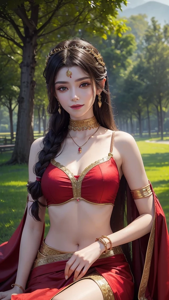 Close up, 24 year old indian woman, Bridal Red silky satin saree, oily body, long dense braided hair, Corn forming Fields landscapes background, ultra realistic, realism, cute, charming, day time, tattooed body, medium height, big eyes, pure Indian style saree, ambient lighting, perfect anatomy, detailed body and face, 8K, Masterpiece, RAW photo, Best quality, Photorealistic, Extremely detailed CG Unity 8K wallpaper, Noval Showing, Most Beautiful smile, ((smile:1.2)), ((No need thighs expose)), 