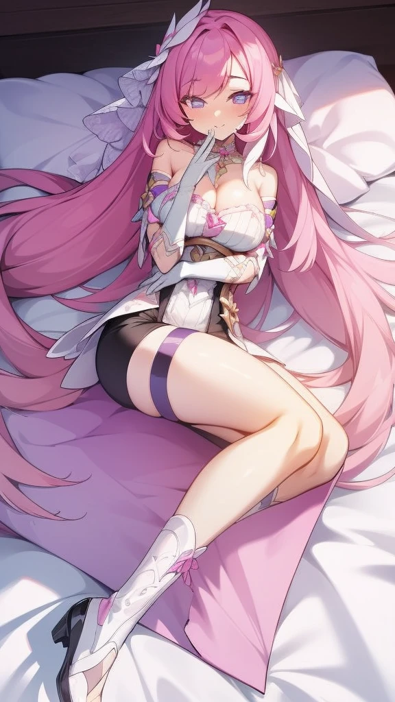 1gril，elysia，pink hair，veil，Purple pupils，Diamond pattern，White shoes，boots，White gloves，dress，Black shorts，Leg ring，Lie down，floor，Large Breasts，Cleavage，indoor，from above