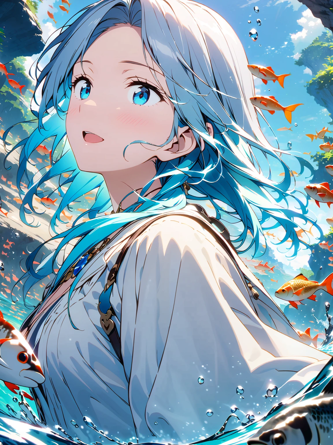 (超detailedなイラスト:1.2),Very delicate and beautiful,非常にdetailed,CG,Unity,8k wallpaper,wonderful,detailed,masterpiece,The best quality in the best condition,Official Art,非常にdetailed CG 8k Unbelievably ridiculous resolution,Beautiful and exquisite,High resolution,非常にdetailedな目と顔,Surrounded by fish,Swim in the water,Dressed in a white dress, Blue Water, Goddess of the Sea