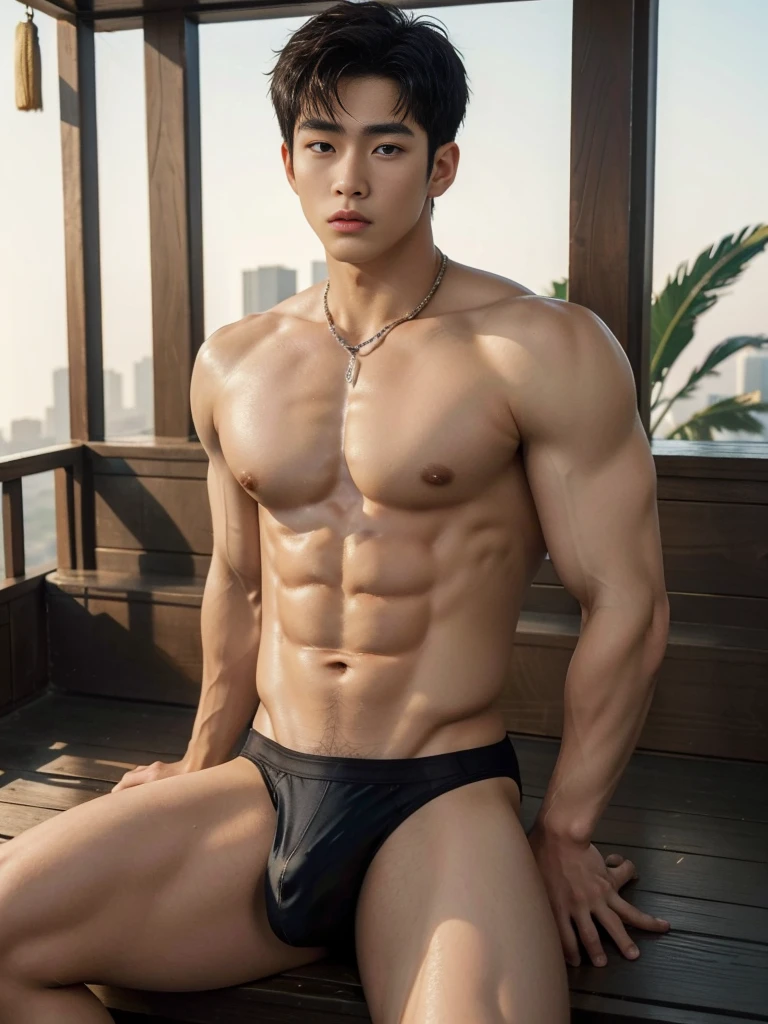 1 handsome Chinese guy，wet body, wet hair, 18-year-old male high school student，majestic，Who is Shi Yu?, Li Yuanbin, Kim Hyung Tae, Kim Hyung Tae, Yin Shishan, Handsome Chinese muscular guy，Broad shoulders and narrow waist，A handsome guy wearing white thong, wet skinny thong, transparent thong ( see through)，Form-fitting fabric contours the bust, bare chest，in a buddism pagoda，buddism statues background, detailed background, hands tied behind back，Hands tied behind the back，hands tied top the head，Masculine and sexy，High，Muscles look good，manly, hairy body，Wheat complexion，black eyes（thin eyes 1：3），whole body image, bare butts, nice butts, open legs, lifted arms, sitting