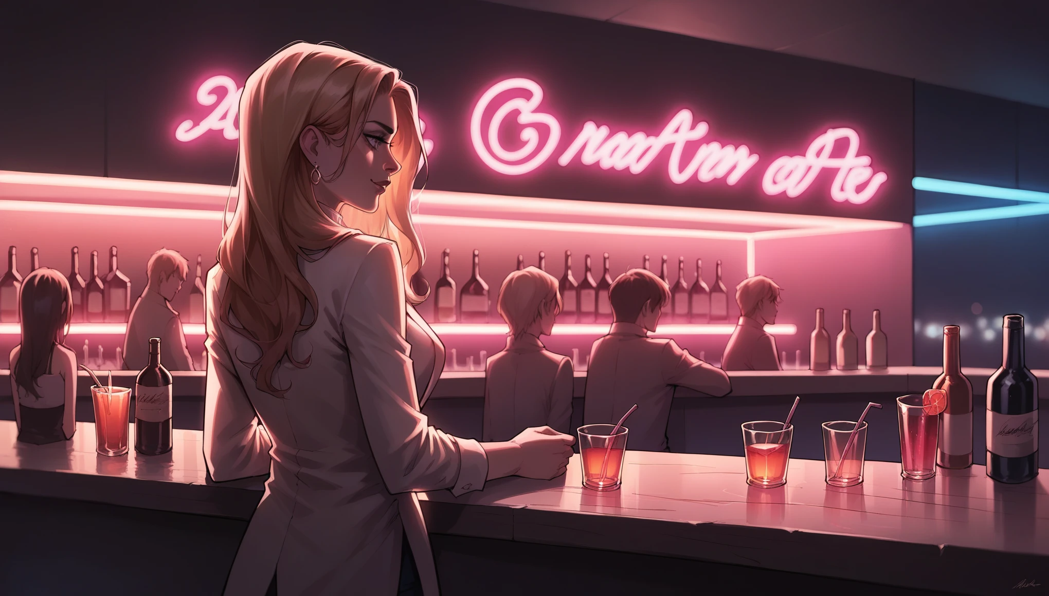 score_9, score_8_up, score_7_up, a picturesque long shot of a bar, blurry background, neon colors, vintage artstyle, hard lighting, dark composition, contrasting color pallette
