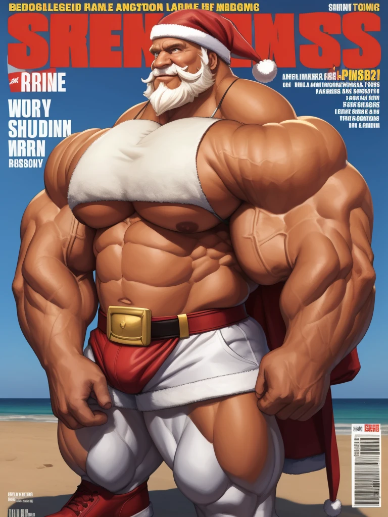 Magazine cover. solo, 1boy, perfect anatomy, ground view, wrinkles skin, low shoot, down view, perfect proportion, thick body, thick thighs, big red bag, big eyes, smile, santa claus, perfect fingers, big hand, fingers. Huge Muscular Old man with short hair, shoes ,(white shorts), view from side, pectoral, thick arms, huge pectoral, wide pectoral, white hair, white beards, simple background, masterpiece, semirealistic:1.2, high detailed, 8k, high resolution, perfect center, full view. ((really big muscle, massive muscular, sixpack, thick arms, wide pectoral, super huge muscle, hyper muscular, over sized muscle, huge arms, big arms, huge pectoral))