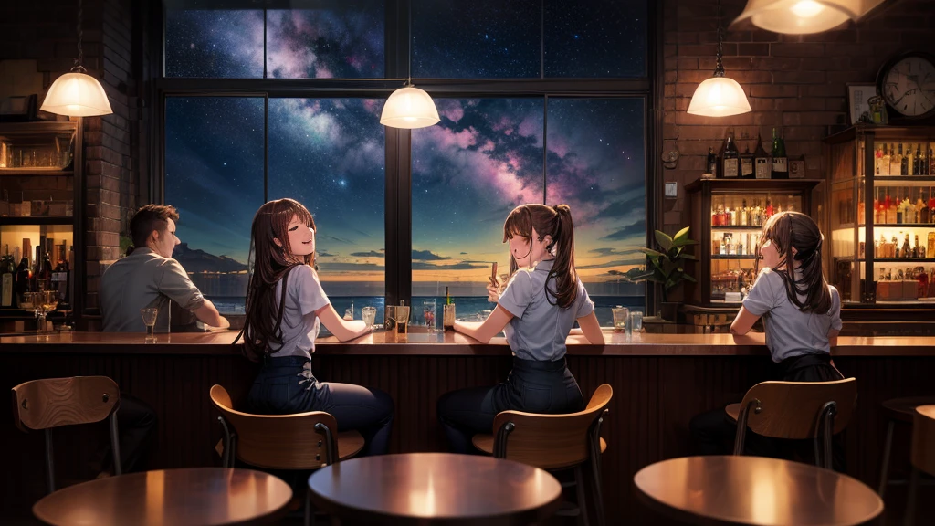 masterpiece, best quality, high quality, detailed, ultra detailed, hyper detailed, insanely detailed, exquisite, beautiful, FHD, Full-HD, 4K, 8K, 16K, highres, absurdres, bar, woman, intelligent, eyes closed, brown hair, long hair tied back, laughing, slim, waitress, piercing, in the bar, with a window, with a nebula, with a starry sky, at night, beautiful