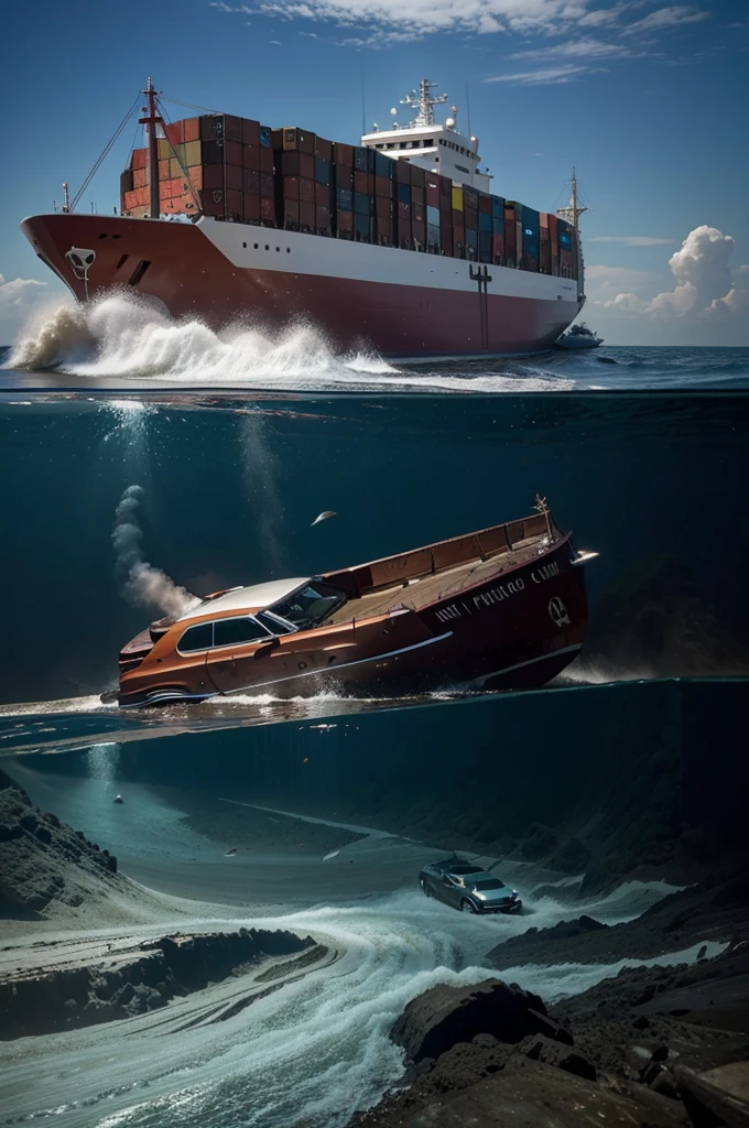 Photos of dozens of luxury cars sinking with cargo ships, underwater photo
