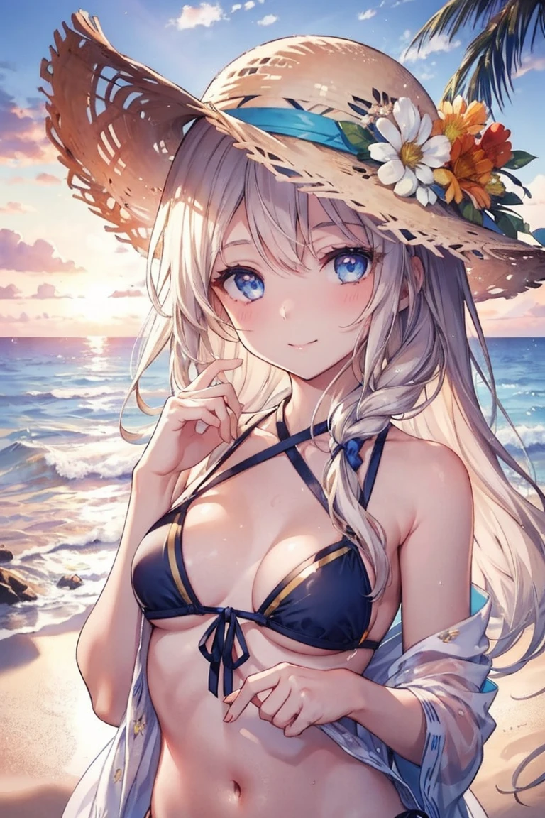 One girl, long tied brunette hair, smile, blue eyes, Wink, View your viewers, Wearing a bikini, flower straw hat, (Beach), (sunset), evening, masterpiece, 8K, Perfect lighting, The perfect outfit, Perfect Anatomy, Perfect Eyes, Perfect Face, Sharp resolution, (Face close-up)