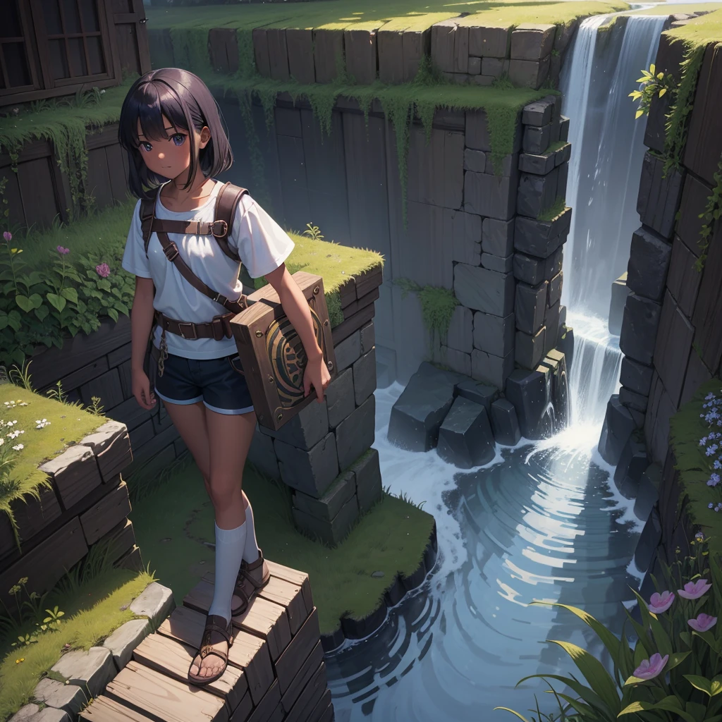 最high quality、high quality、Simple cloth clothing、10Year old girl adventurer、Climb the maze stairs、Shorts、Equipped with a dagger and a shield、In a dark maze
