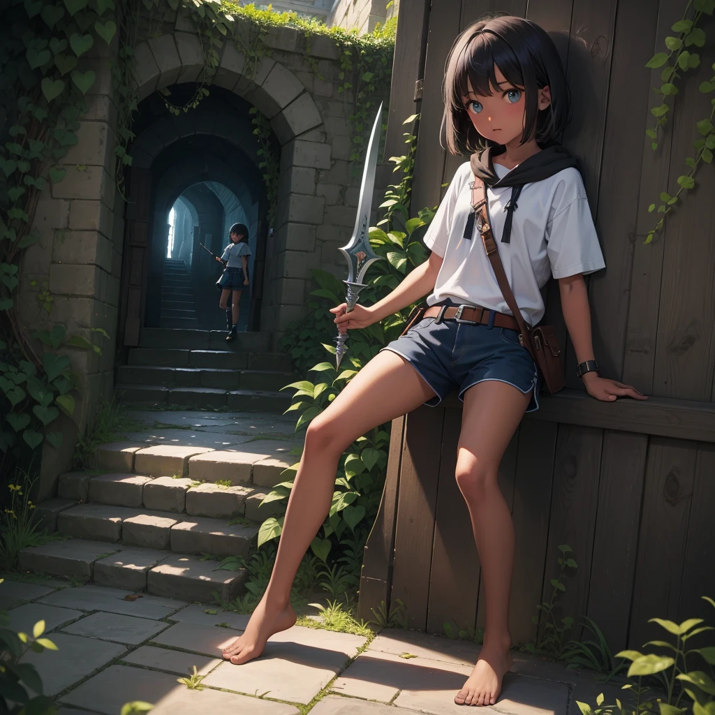 最high quality、high quality、Simple cloth clothing、10Year old girl adventurer、Climb the maze stairs、Shorts、Equipped with a dagger and a shield、In a dark maze