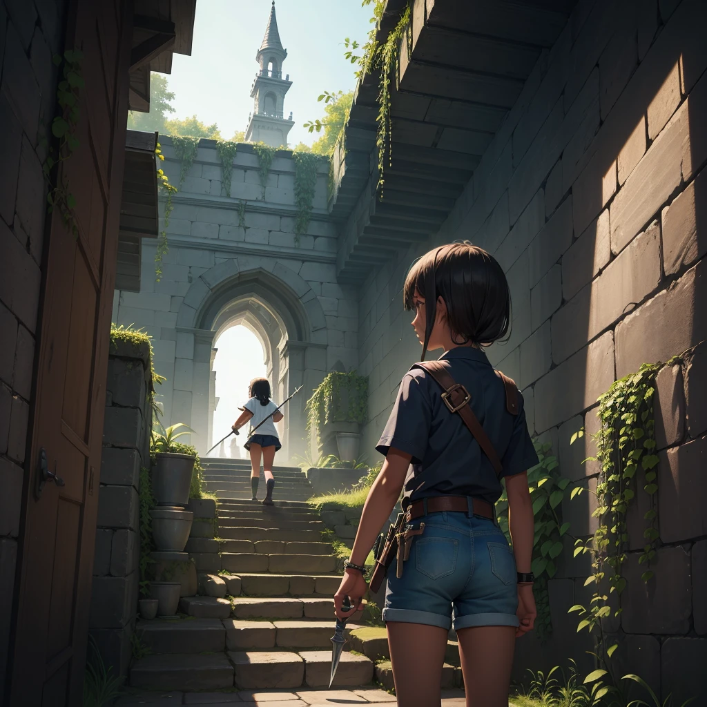 最high quality、high quality、Simple cloth clothing、10Year old girl adventurer、Climb the maze stairs、Shorts、Equipped with a dagger and a shield、In a dark maze