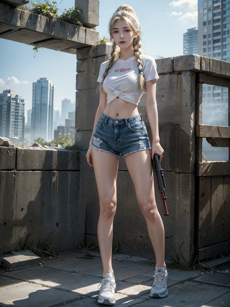 (8K、original photo、Top quality、masterpiece:1.2)、(Realist、Photorealistic:1.37)、Ultra Detailed、Ultra-high resolution、Wearing white navel-baring short-sleeved,Blue denim super shorts,sports shoes,A girl with blonde hair tied in two braids walks through the ruins of the battlefield、Full body close-up,Turn your back to the audience,Look back,Exploding high-rise building、Exploding vehicle,Burning flame、White skin、Smooth skin、Extremely beautiful face、Dynamic Angle、Dynamic Lighting,(Holding weapon, Holding rifle, Purposeing, Purpose:1.2), gun, H&k hk416, 马gun, Fire