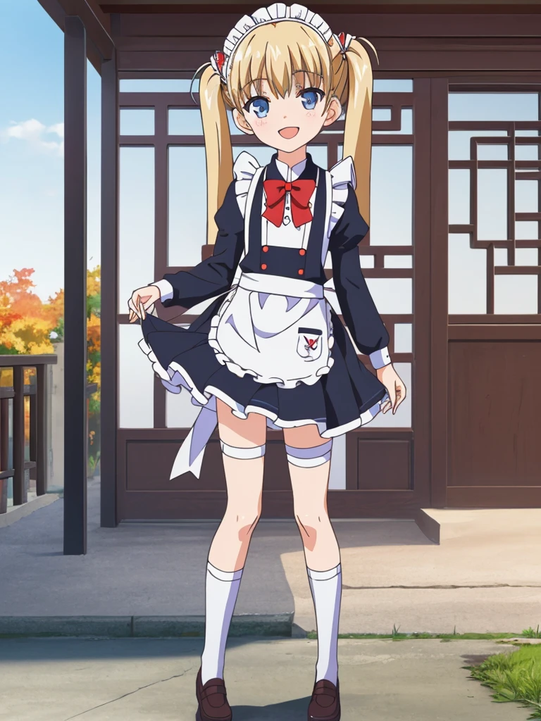 (masterpiece:1.2), best quality, highres, original, (extremely detailed:1.2), ultra-detailed, wallpaper, perfect lighting,(extremely detailed CG:1.2), 8k, anime illustration, 1boy, solo, cute, kawaii, crossdressing, (twin tails, light-blue eyes, flat chest, open the mouth, laughing, happy:1.2), (Chinese-style maid outfit, apron, ruffles hemline, knee-length dress:1.3), standing in front of the camera, frontal, looking at viewer, (anatomically correct:1.5), outdoor, full body nsfw  show panties
