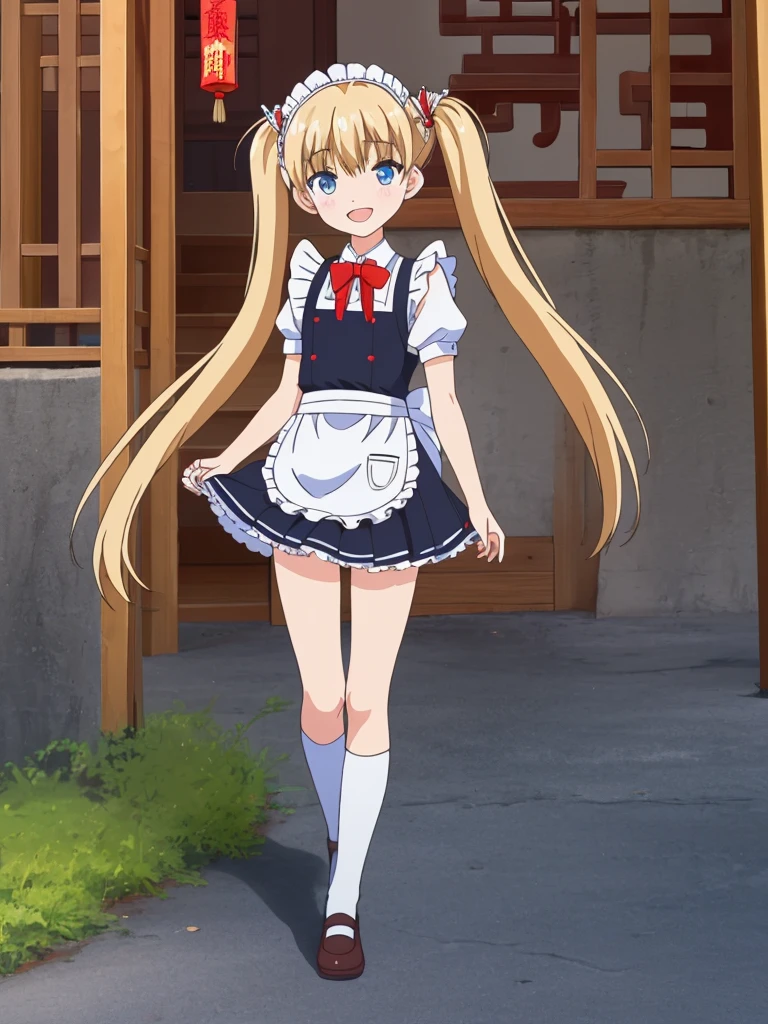 (masterpiece:1.2), best quality, highres, original, (extremely detailed:1.2), ultra-detailed, wallpaper, perfect lighting,(extremely detailed CG:1.2), 8k, anime illustration, 1boy, solo, cute, kawaii, crossdressing, (twin tails, light-blue eyes, flat chest, open the mouth, laughing, happy:1.2), (Chinese-style maid outfit, apron, ruffles hemline, knee-length dress:1.3), standing in front of the camera, frontal, looking at viewer, (anatomically correct:1.5), outdoor, full body nsfw show panties