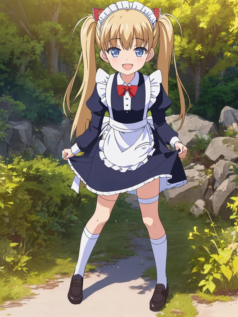 (masterpiece:1.2), best quality, highres, original, (extremely detailed:1.2), ultra-detailed, wallpaper, perfect lighting,(extremely detailed CG:1.2), 8k, anime illustration, 1boy, solo, cute, kawaii, crossdressing, (twin tails, light-blue eyes, flat chest, open the mouth, laughing, happy:1.2), (Chinese-style maid outfit, apron, ruffles hemline, knee-length dress:1.3), standing in front of the camera, frontal, looking at viewer, (anatomically correct:1.5), outdoor, full body nsfw show panties