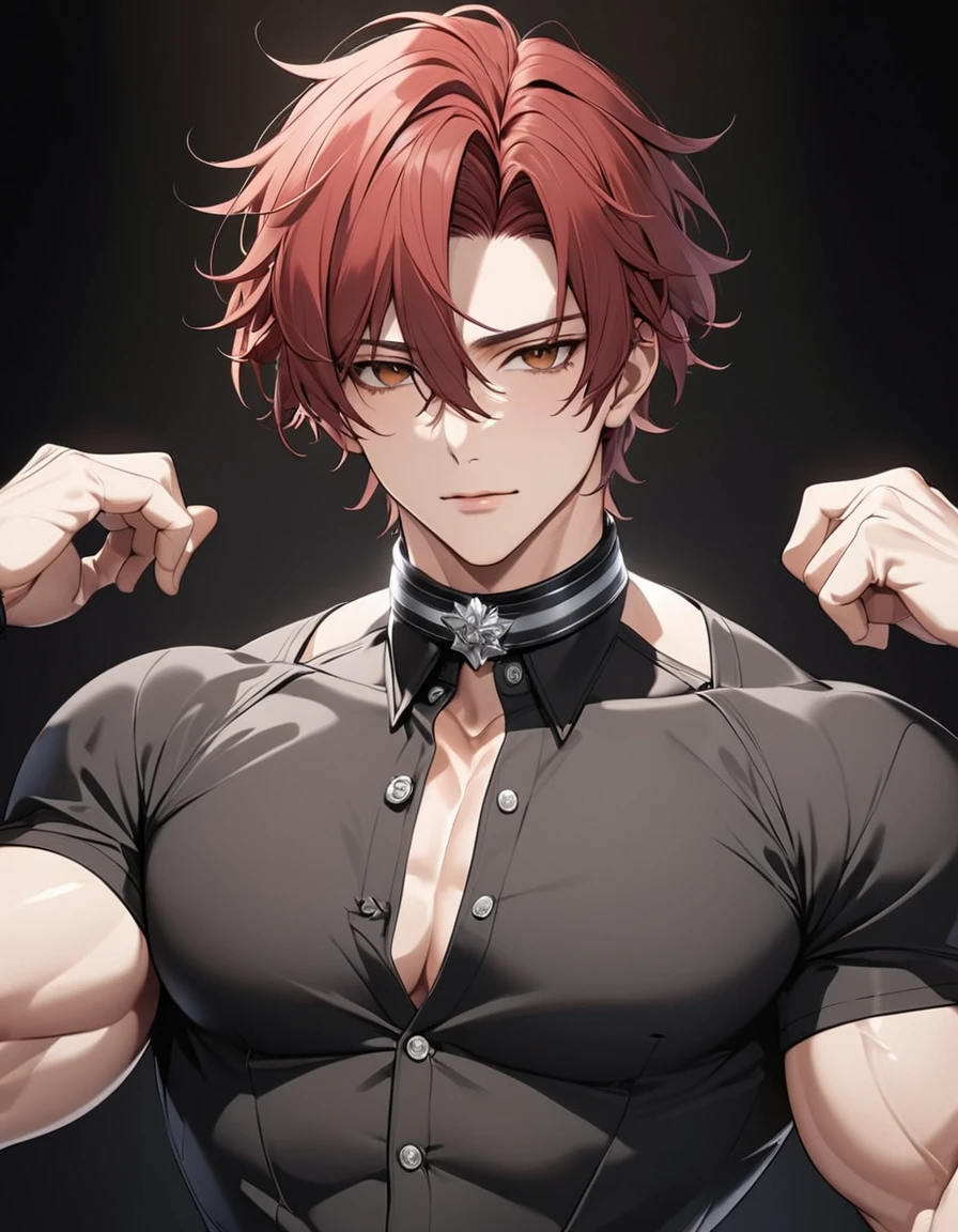 Masterpiece, Top quality动漫插图, Very detailed, Extreme details, 16K, 2.5D, Delicate portrayal, 1 male youth, 25 years old, Red short hair, Brown eyes, Son of a Federal Marshal, Feel free to hairstyle, Attractive appearance, A handsome expression, Optimal body proportions, Unbutton a few buttons at the collar, Top quality, Perfect image quality muscle texture, black, Super detailed face