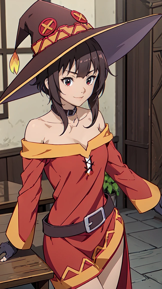 Artgerm, table, Best quality, extremely detailed, table, Best quality, Megumin, 1 girl in, bare shoulders, beautiful buttocks, стоит опершись о table, very sexy, smile, cheerful, Black e.g, black gloves, black hair, e.g, necklace, clavicle, dress, hair between eyes, It has, long sleeves, I look at the viewer, Medium hair, off shoulder dress, off the shoulders, Red dress, Red eyes, side locks, One, witch hat, in room