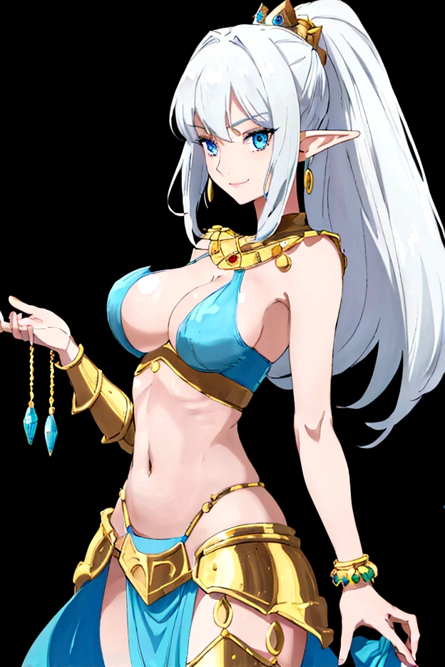 standing mature elf woman, 20 years of age, cleavage, blue bikini armor, blue armored short skirt, jewelry, blue eyes, perfect hand, perfect face, perfect body, small smile, realistic, white hair, porcelain skin, perfect skin, sleeveless, gloveless, bracelet, mystical, cleavage, big breast, looking at viewer, masterpiece, high quality, jewelry, crown,detailed, athletic body, perfect eyes, simple black background.