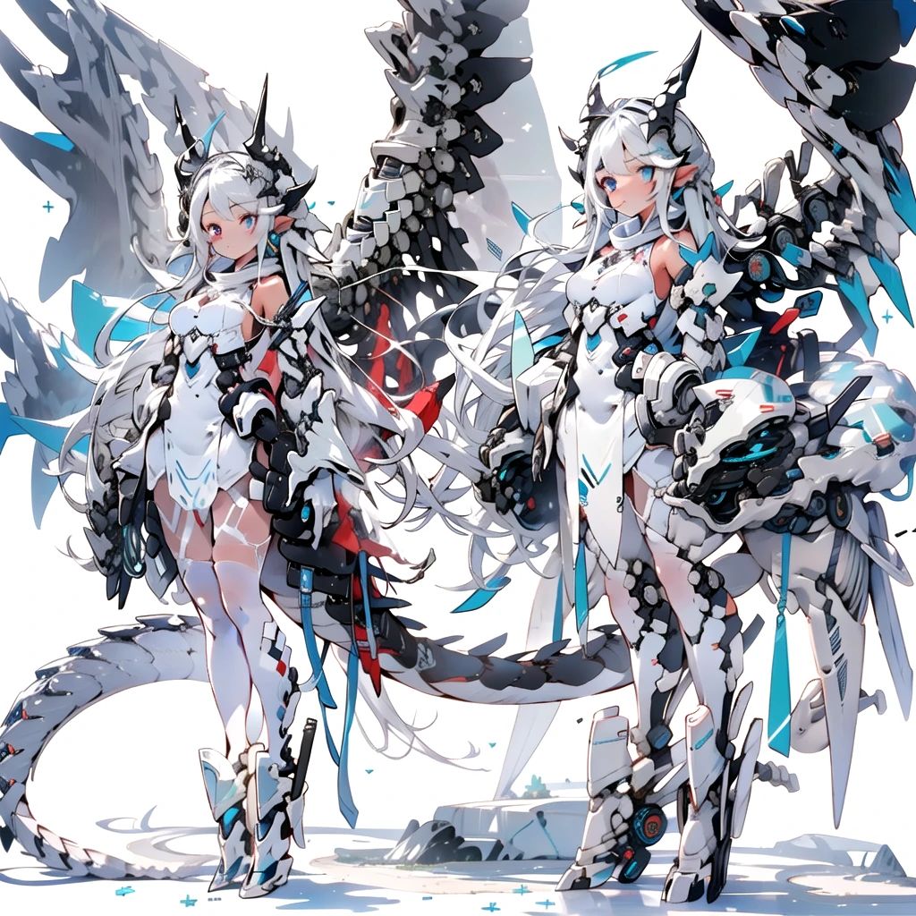 masterpiece, highest quality, highest resolution, clear_image, detailed details, White hair, long hair, cat ears, 1 girl, red eyes, white pantyhose, sci-fi dress, white scarf (white scarf around the neck with a light blue glow), gray futuristic halo (gray halo over the head), white wings (4 wings), cute, full body, no water marks, snow