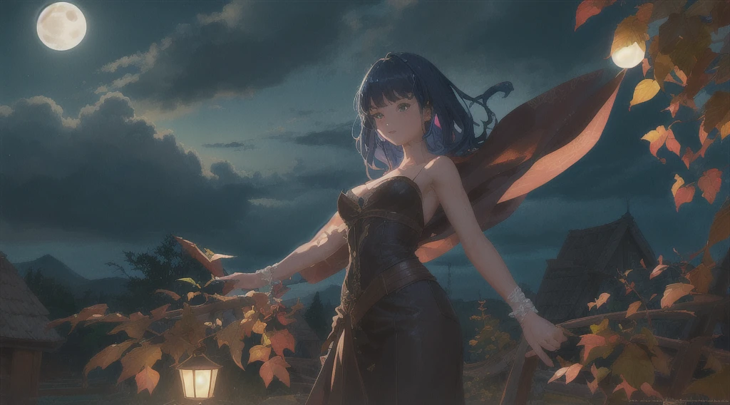(masterpiece:1.2, Highest quality), (Super detailed), (figure), (Ultra-high resolution), (delicate figure), (Super detailedな), (Super detailed:1.3), Professional lighting, Cinema Lighting, (Nostalgia and peace:1.3), Professional (Landscape painting) Nature, moonlight, Moonlight reflected in the leaves, (Dark Clouds, Dark Night, full moon, Dim lighting)