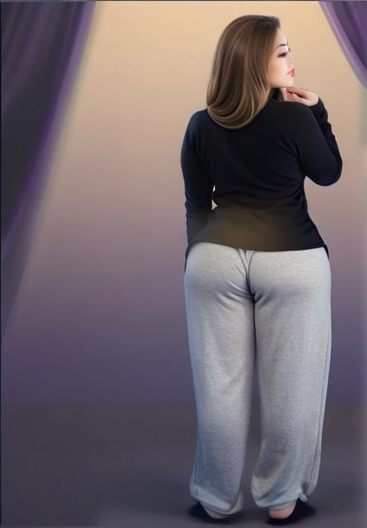 [realistic digital illustration, young woman, long light brown hair, black turtleneck sweater, oversized grey pajama pants, accentuated curves, accentuated buttocks, back slightly turned, one hand touching chin, head turned to the side, looking over shoulder, soft lighting, gentle shadows, detailed clothing folds, detailed lighting, detailed anatomy, gradient background, dark purple to beige, subtle elegant atmosphere], A realistic digital illustration of a young woman with long, light brown hair. She is wearing a black turtleneck sweater and oversized grey pajama pants that accentuate her curves and buttocks. The woman is posed with her back slightly turned, one hand touching her chin, and her head turned to the side, looking over her shoulder. The lighting is soft and casts gentle shadows on her figure, highlighting the texture of her clothes and her body shape. The background is a gradient from dark purple to beige, creating a subtle, elegant atmosphere. The overall style should be realistic, with attention to detail in the clothing folds, lighting, and anatomy."
