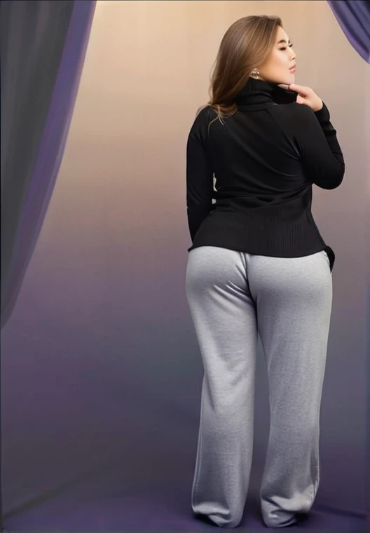 [realistic digital illustration, young woman, long light brown hair, black turtleneck sweater, oversized grey pajama pants, accentuated curves, accentuated buttocks, back slightly turned, one hand touching chin, head turned to the side, looking over shoulder, soft lighting, gentle shadows, detailed clothing folds, detailed lighting, detailed anatomy, gradient background, dark purple to beige, subtle elegant atmosphere], A realistic digital illustration of a young woman with long, light brown hair. She is wearing a black turtleneck sweater and oversized grey pajama pants that accentuate her curves and buttocks. The woman is posed with her back slightly turned, one hand touching her chin, and her head turned to the side, looking over her shoulder. The lighting is soft and casts gentle shadows on her figure, highlighting the texture of her clothes and her body shape. The background is a gradient from dark purple to beige, creating a subtle, elegant atmosphere. The overall style should be realistic, with attention to detail in the clothing folds, lighting, and anatomy."
