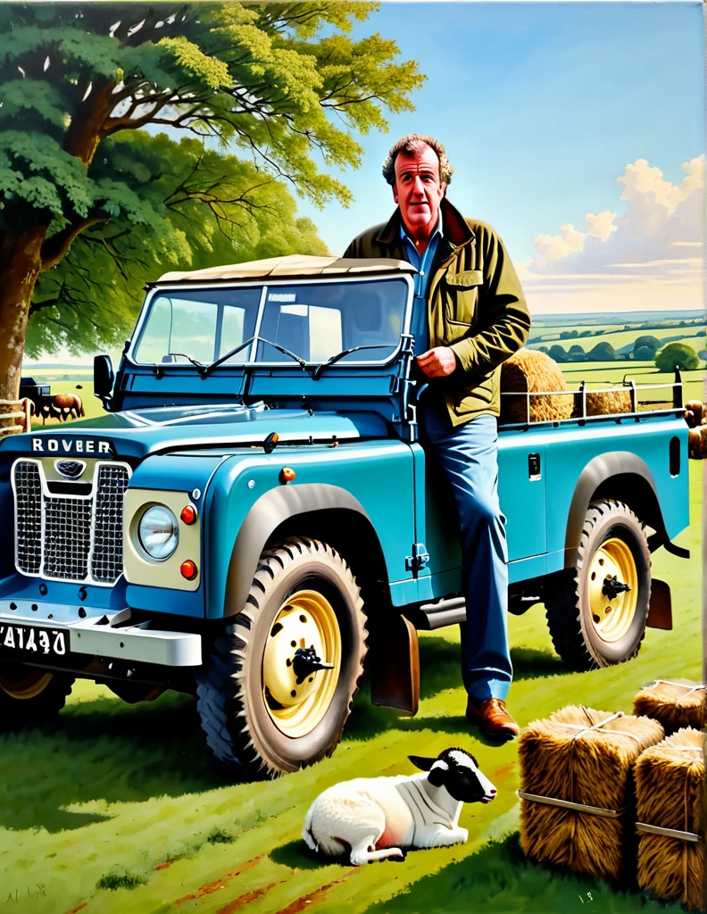Jeremy Clarkson as The Middle-aged British Farmer, at his mutton farm, counting his muttons on his 1948 Blue Land Rover Defender Serie I, serene and tranquil British farm background, oil on canvas painting with heavy influence from Don Lawrence