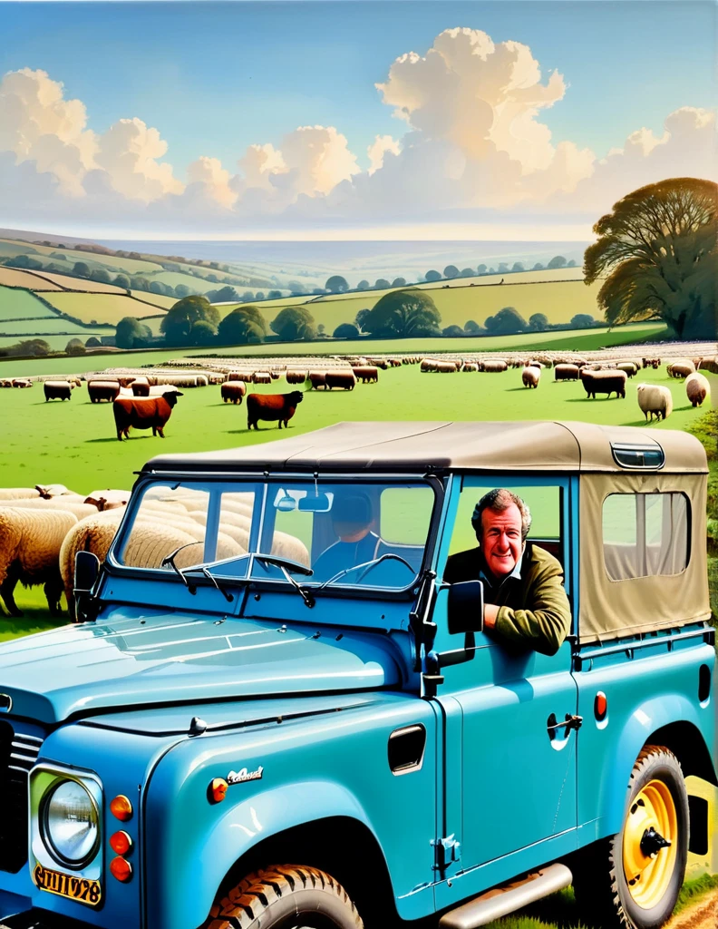 Jeremy Clarkson as The Middle-aged British Farmer, at his mutton farm, counting his muttons on his 1948 Blue Land Rover Defender Serie I, serene and tranquil British farm background, oil on canvas painting with heavy influence from Don Lawrence