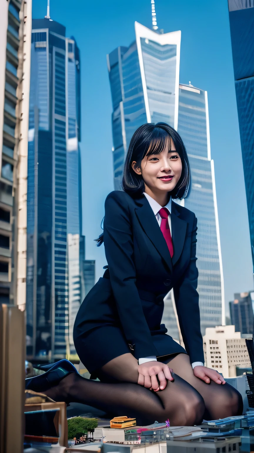 A bird's-eye view of the entire body, city, a 500-foot-tall giant girl, in a bright metropolis of Tokyo with ultra-high skyscrapers. With ultra-long legs stepping into the crowd, the streets are filled with people. She is wearing a flight attendant-style dark navy tight mini skirt, pantyhose showing off her beautiful legs, with smooth black hair, and wearing black high heels. She has an embarrassed expression and is sitting like a model on top of a building, with crowds on the rooftops as well. She has a beautiful appearance, exquisite makeup, high quality, 8K, high quality, perfect proportions, cinematic lighting, film grain, Fuji colors, 8K, textured skin, super detail, high detail, high quality, high resolution, exploding, with a false smile.