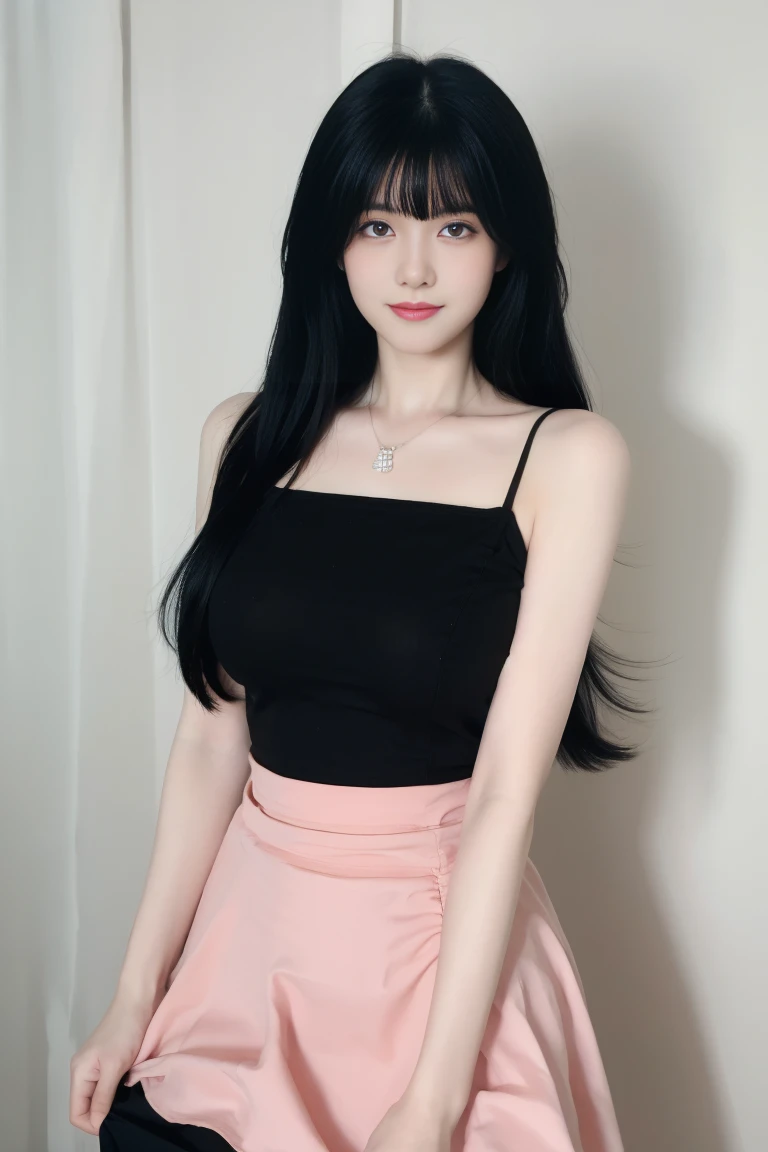 best quality, tmasterpiece,Ultra-high resolution,Clear face,(Reality:1.4),ferpect lighting,(upper body shot:1.5), (photorealistic:1.50), anime wallpaper, Guviz style artwork, cover-up fantasy up to magic , by Yang J, Guviz, beautiful artwork illustration, beautiful digital artwork, beautiful digital illustration, Li Song, beautiful anime portrait, art style in Beauvot,1girl,black hair, long hair,bangs, smile,Blush,(front:1.3),(standing:1.3), Bare shoulders,
Sweet girl outfit5, (high waist skirt), (Black skirt),indoor,In the room, (Curtain Background:1.3), mirror, (super Giant breasts:1.3),