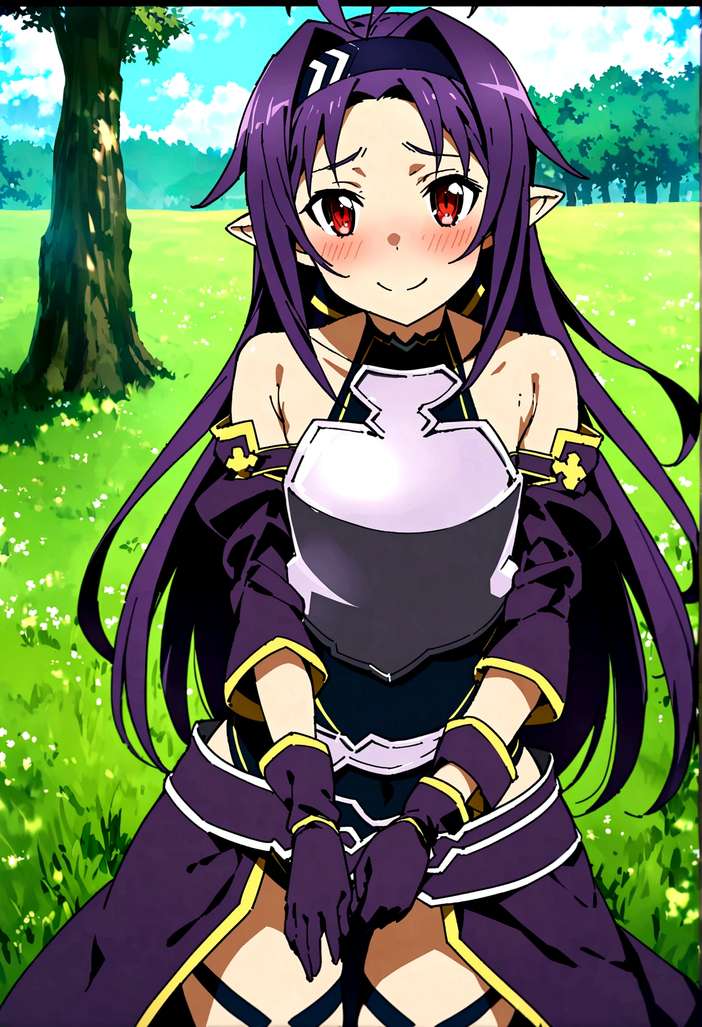 NSFW,masterpiece,Highest quality,High resolution,Super detailed,(Sword Art Online\), Purple Hair, Long Hair, Ahoge, Red eyes, Pointed Ears, hair band, armor, breastplate, Removable sleeves, leotard, Purple Skirt, Bare shoulders, gloves,Embarrassed,A cheerful smile,blush,grassland,Big tree