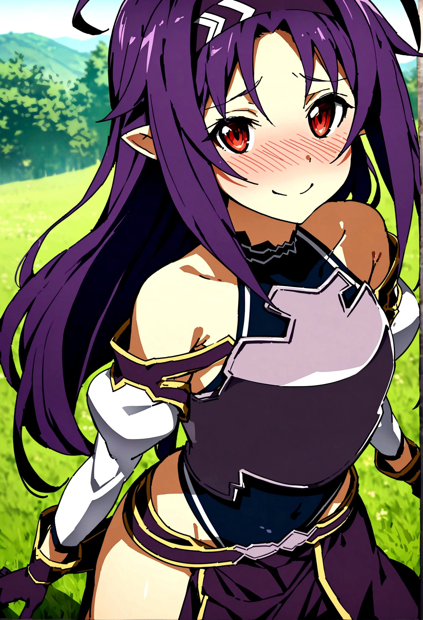 NSFW,masterpiece,Highest quality,High resolution,Super detailed,(Sword Art Online\), Purple Hair, Long Hair, Ahoge, Red eyes, Pointed Ears, hair band, armor, breastplate, Removable sleeves, leotard, Purple Skirt, Bare shoulders, gloves,Embarrassed,A cheerful smile,blush,grassland,Big tree