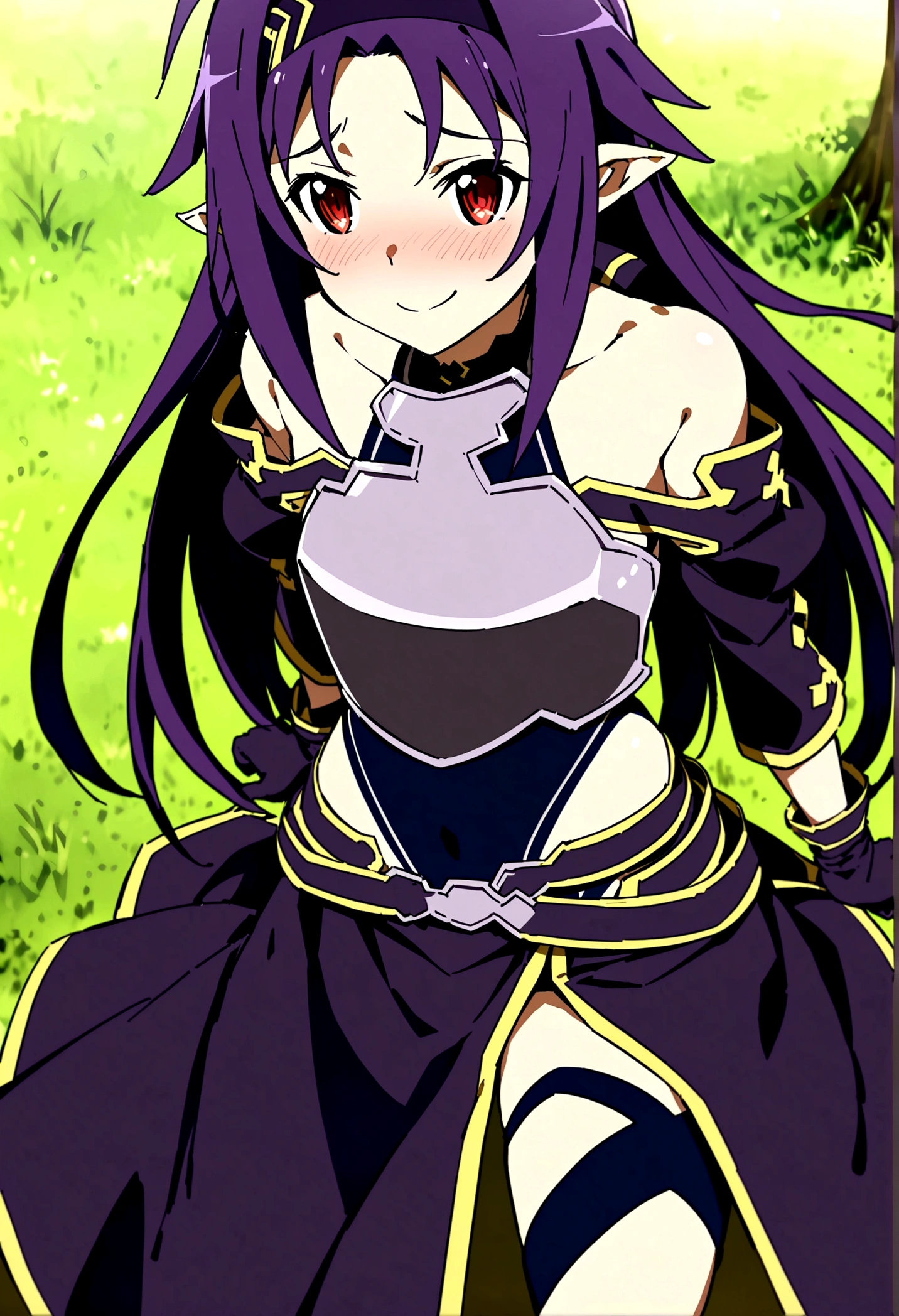 NSFW,masterpiece,Highest quality,High resolution,Super detailed,(Sword Art Online\), Purple Hair, Long Hair, Ahoge, Red eyes, Pointed Ears, hair band, armor, breastplate, Removable sleeves, leotard, Purple Skirt, Bare shoulders, gloves,Embarrassed,A cheerful smile,blush,grassland,Big tree