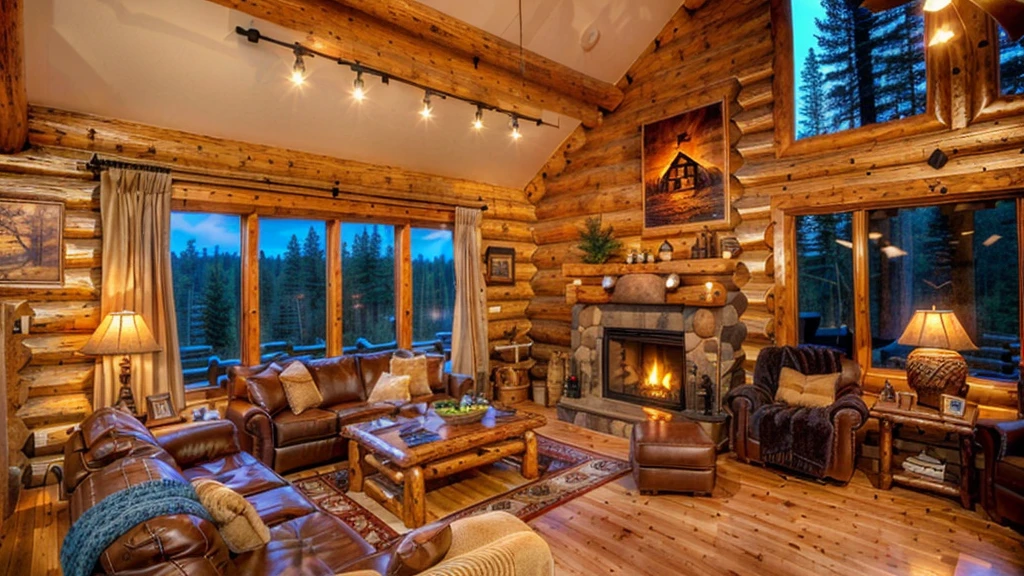 arafed living room with a fireplace and a large window, cozy setting, cozy living room, wide shot of a cabin interior, cozy and peaceful atmosphere, log homes, warm living room, inside of a cabin, cozy environment, warm lighting inside, log cabin, cozy atmosphere, a wide full shot, fireplace lighting, luxurious indoor setting, warm lighting interior