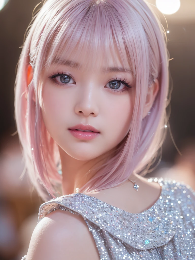 (In 8K, Highest quality, Tabletop, Ultra-high resolution, High quality face:1.5), (Rich in details), Looking into the camera, (バーチャルIdol:1.3),(Photorealistic:1.4) (Close-up:1.6), 1 beautiful girl, White skin, (とてもWhite skin, Glittering Skin:1.4), Pin Spot Light, (Beautiful round eyes, Droopy eyes, Light in your eyes), Shiny, ice pink hair, hair longer than butt, Thin Hair, Idol, Duck mouth, Soft, de luz, cute, refreshing, de luz拡散反射, ((Beautiful woman wearing sparkling diamonds)), (Japanese),Dreamy, delicate side light, Warm texture
