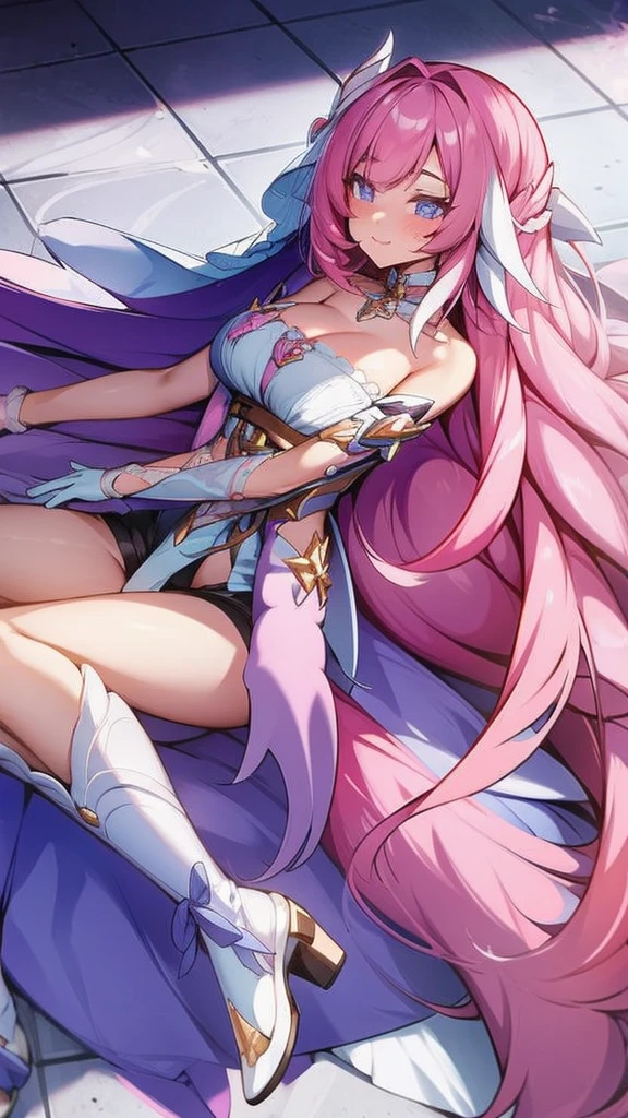 1gril，elysia，pink hair，veil，Purple pupils，Diamond pattern，White shoes，boots，White gloves，dress，Black shorts，Leg ring，Lie down，floor，Large Breasts，Cleavage，indoor，from above