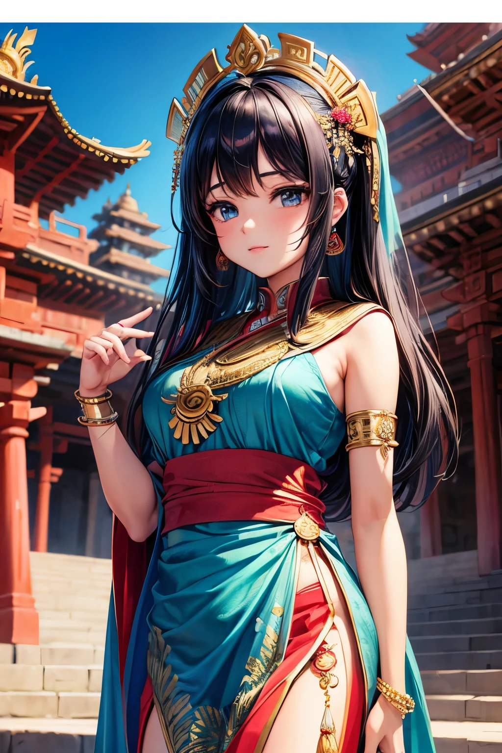 ((best quality)), ((masterpiece)), (detailed), Beautiful anime teen, Indian attire. Cute and beautiful, Background some temple, Indian saree, blue red color dress
