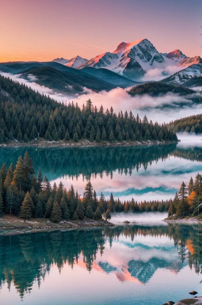 A serene mountain lake at sunrise, surrounded by lush pine forests and snow-capped peaks, with mist hovering above the water and the sky painted in vibrant shades of pink and orange.”