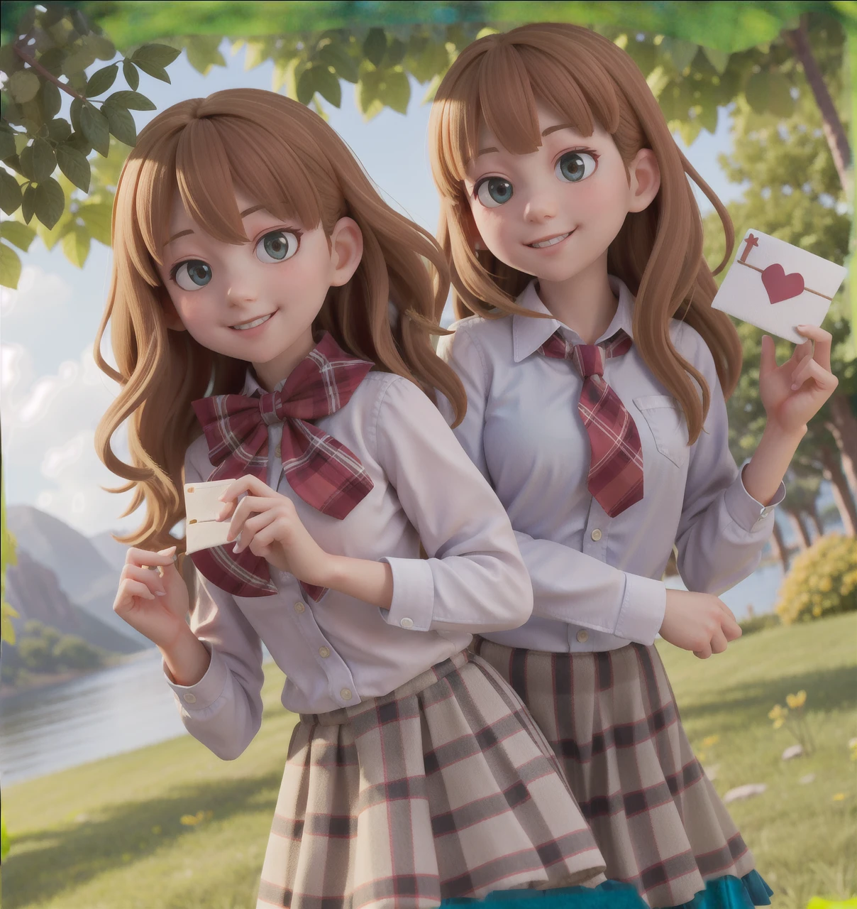 masterpiece, high quality best quality,1girl, bangs, beach, blue_sky, blush, bow, breasts, checkered, checkered_shirt, checkered_skirt, cloud, cloudy_sky, collarbone, day, envelope, giving, grass, hair_bow, heart, holding, holding_letter, horizon, incoming_gift, kazami_yuuka, leaning_forward, lens_flare, letter, light_rays, long_hair, looking_at_viewer, love_letter, mountain, mountainous_horizon, ocean, outdoors, plaid, plaid_background, plaid_bikini, plaid_bow, plaid_bowtie, plaid_bra, plaid_dress, plaid_headwear, plaid_jacket, plaid_legwear, plaid_necktie, plaid_neckwear, plaid_panties, plaid_pants, plaid_ribbon, plaid_scarf, plaid_shirt, plaid_skirt, plaid_vest, pov, shirt, skirt, sky, smile, solo, sun, sunbeam, sunlight, tree, unmoving_pattern