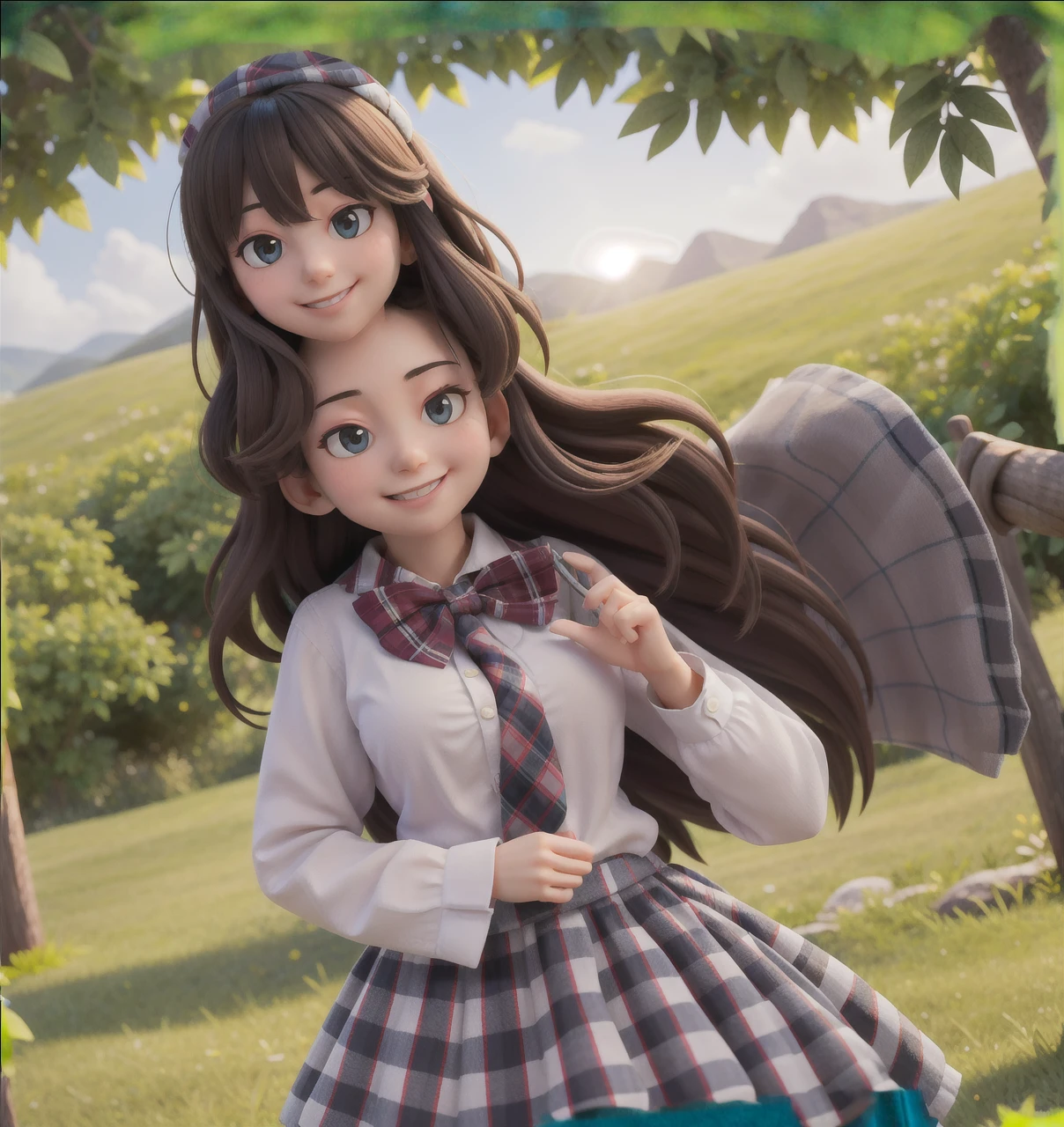 masterpiece, high quality best quality,1girl, bangs, beach, blue_sky, blush, bow, breasts, checkered, checkered_shirt, checkered_skirt, cloud, cloudy_sky, collarbone, day, envelope, giving, grass, hair_bow, heart, holding, holding_letter, horizon, incoming_gift, kazami_yuuka, leaning_forward, lens_flare, letter, light_rays, long_hair, looking_at_viewer, love_letter, mountain, mountainous_horizon, ocean, outdoors, plaid, plaid_background, plaid_bikini, plaid_bow, plaid_bowtie, plaid_bra, plaid_dress, plaid_headwear, plaid_jacket, plaid_legwear, plaid_necktie, plaid_neckwear, plaid_panties, plaid_pants, plaid_ribbon, plaid_scarf, plaid_shirt, plaid_skirt, plaid_vest, pov, shirt, skirt, sky, smile, solo, sun, sunbeam, sunlight, tree, unmoving_pattern