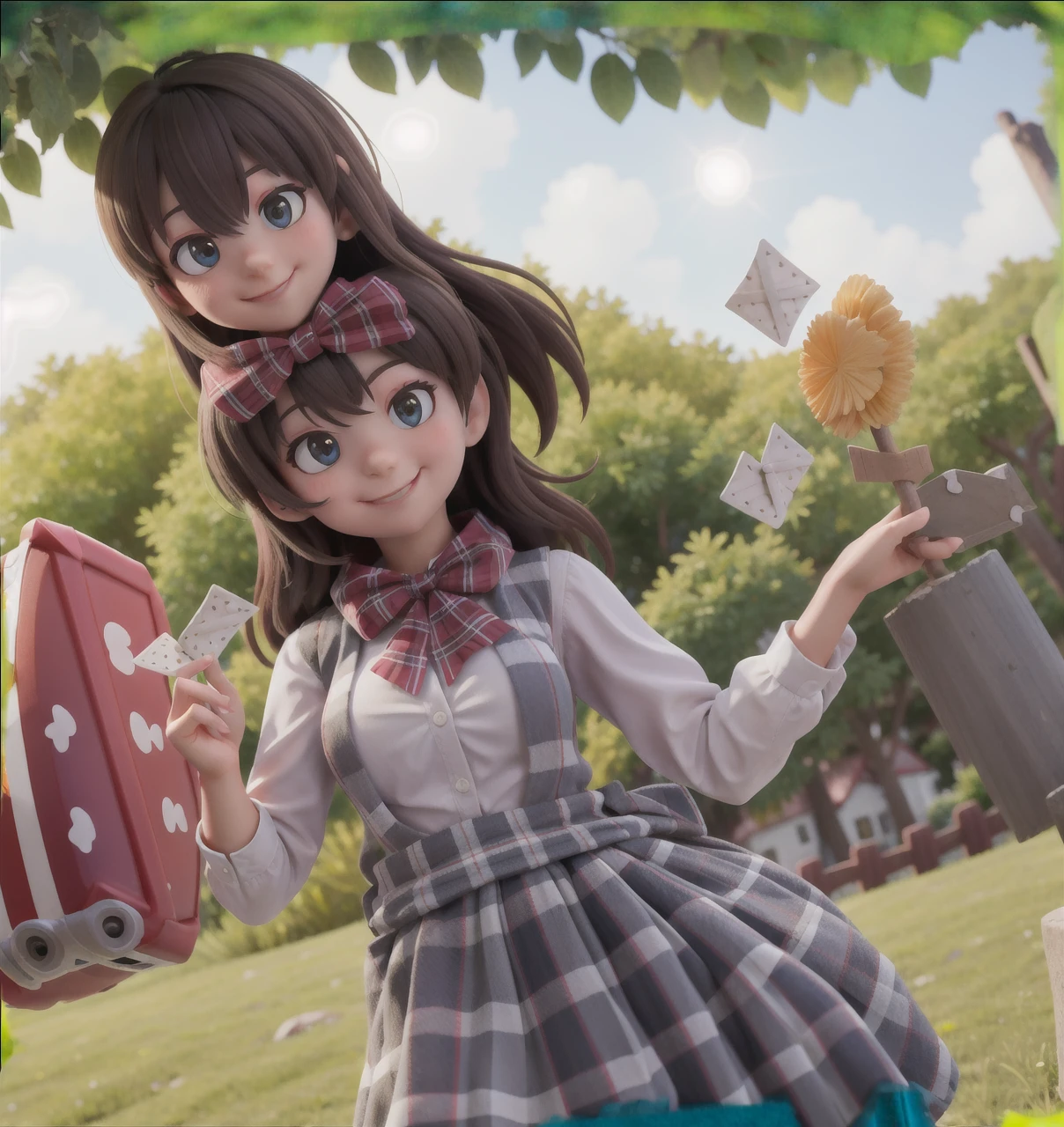 masterpiece, high quality best quality,1girl, bangs, beach, blue_sky, blush, bow, breasts, checkered, checkered_shirt, checkered_skirt, cloud, cloudy_sky, collarbone, day, envelope, giving, grass, hair_bow, heart, holding, holding_letter, horizon, incoming_gift, kazami_yuuka, leaning_forward, lens_flare, letter, light_rays, long_hair, looking_at_viewer, love_letter, mountain, mountainous_horizon, ocean, outdoors, plaid, plaid_background, plaid_bikini, plaid_bow, plaid_bowtie, plaid_bra, plaid_dress, plaid_headwear, plaid_jacket, plaid_legwear, plaid_necktie, plaid_neckwear, plaid_panties, plaid_pants, plaid_ribbon, plaid_scarf, plaid_shirt, plaid_skirt, plaid_vest, pov, shirt, skirt, sky, smile, solo, sun, sunbeam, sunlight, tree, unmoving_pattern