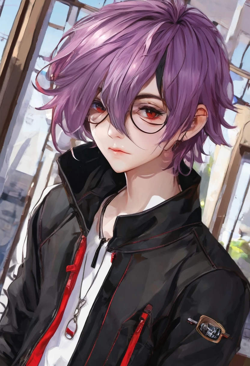 work of art, best qualityer, 1 boy, lilac hair, eyes browns, medium hair, black clothes with red details,pants, 163cm, hair between the eyes,  