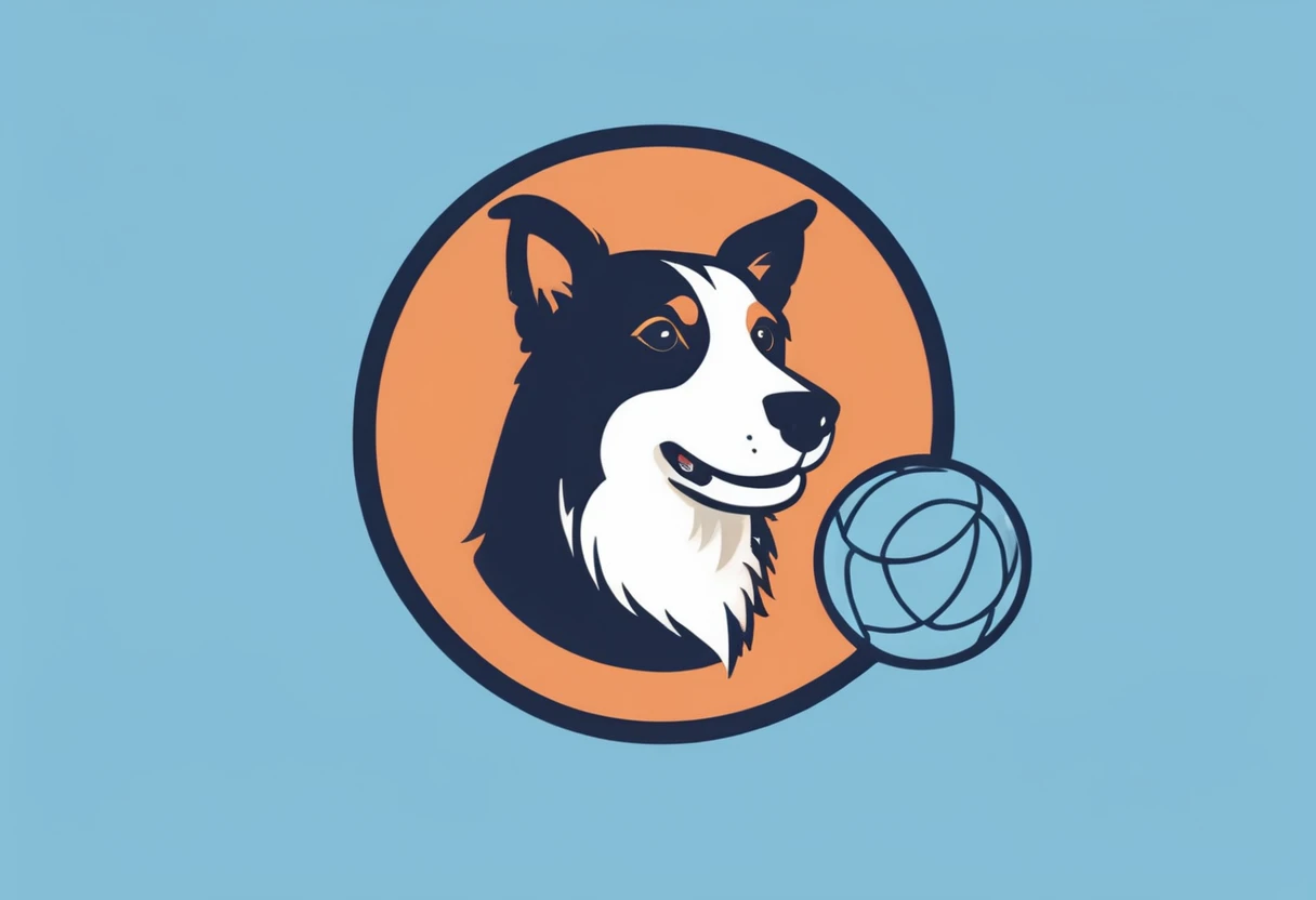 logo,
A logo for a dog hottel, (fullbody), ((dog with black ear)), dog playing with ball, pastell colors (orange, dark blue, blue, brown),
LogoRedAF