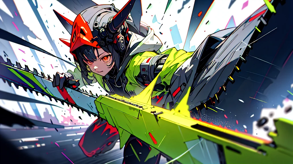 Absurd, High resolution, Super detailed,
One girl,Exo-armour oversized hooded jacket, Long horn,whole body,Has a chainsaw,The ultimate form,heavy rain、Colorful rain、壁をdestructionする、Speed、Fastest、destruction、Uplifting、