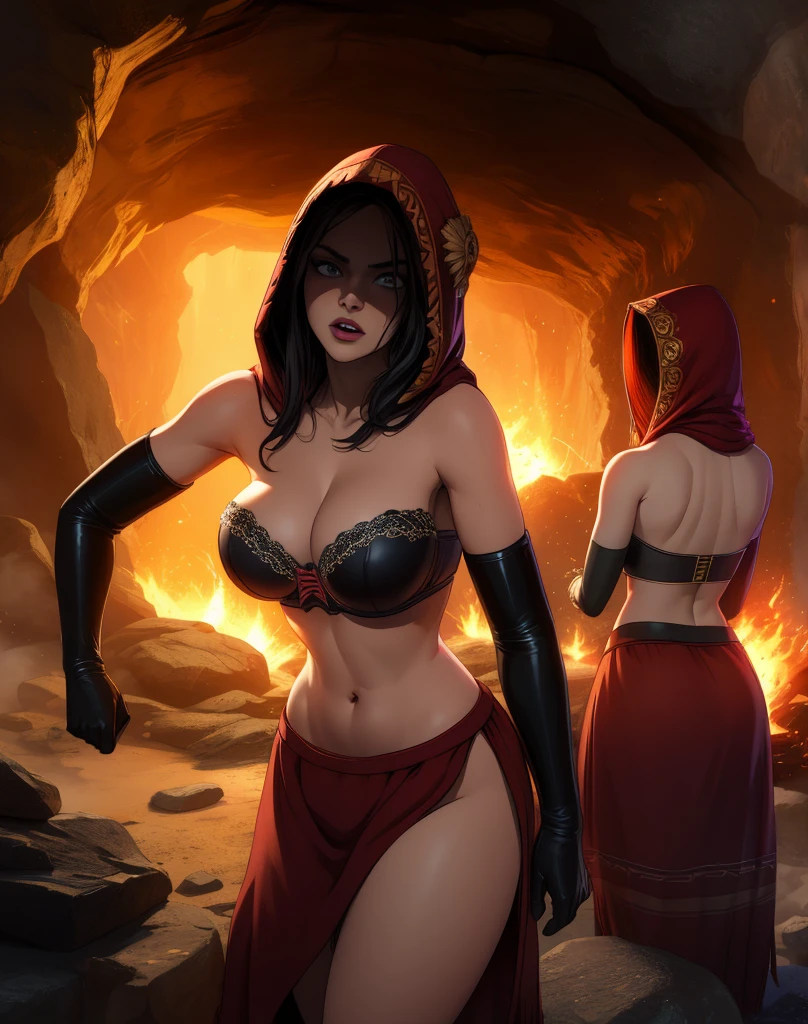 Dsorceress,shadowy face,dark cave,fire,
hood,shadowed face,strapless bra,skirt,elbow gloves,
dark skin,
2girls,twin,
(insanely detailed, masterpiece, best quality),