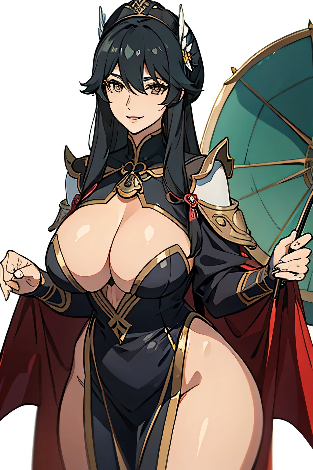 [a handsome, sexy mature woman with a seductive smile and parted lips stands against a white background. darkskin, She has sharp eyelashes, eyes browns, and long black hair with bangs. His figure is voluptuous, with a narrow waist, Broad Hips, and huge breasts. The image has an impact, Genshin-inspired style, rendered in high detail and HDR quality as a stunning work of art.]