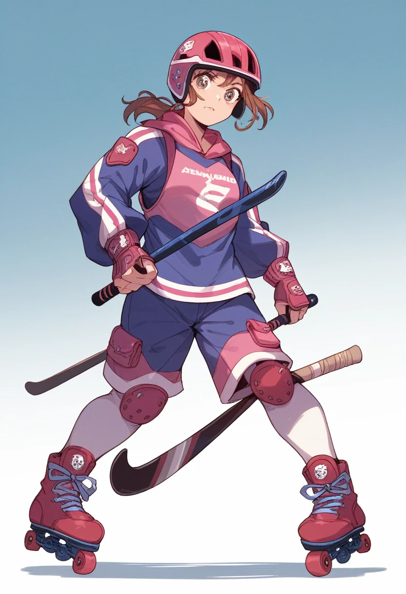 a girl roller skates hockey stick Hockey team armor 粉色頭髮 High-tech tactical helmet sci-fi city full-body shot