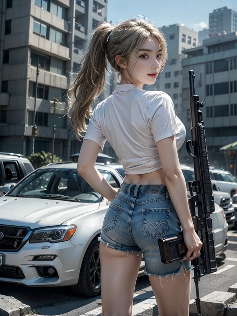 (8K、original photo、Top quality、masterpiece:1.2)、(Realist、Photorealistic:1.37)、Ultra Detailed、Ultra-high resolution、Wearing white navel-baring short-sleeved,Blue denim super shorts,sports shoes,Close-up of a girl with blond hair and two pigtails in the ruins of a battlefield、Full body close-up,Back to the audience,Look back,Smile,Exploding high-rise building、Exploding vehicle,Burning flame、White skin、Smooth skin、Extremely beautiful face、Dynamic Angle、Dynamic Lighting,(Holding weapon, Holding rifle, Purposeing, Purpose:1.2), gun, H&k hk416, 马gun, Fire